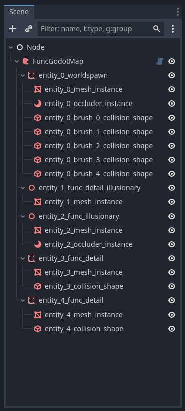 Scene tree showing a flat entity hierarchy