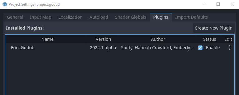 Godot Project Settings window, Plugins tab. FuncGodot is listed and enabled.